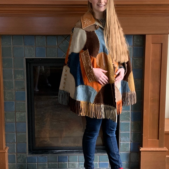 Leather cape, suede leather patchwork poncho, leather fringe cape, hippy clothes - Picture 9 of 9
